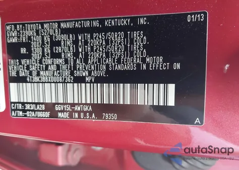 2013 Toyota Venza Xle V6 from USA, damaged, VIN 4T3BK3BBXDU087362